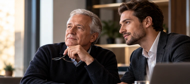 Älterer Unternehmer und jüngerer Gesprächspartner in einem Büro